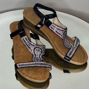 Black, Silver & Pink Rhinestone Wedge Sandals 7